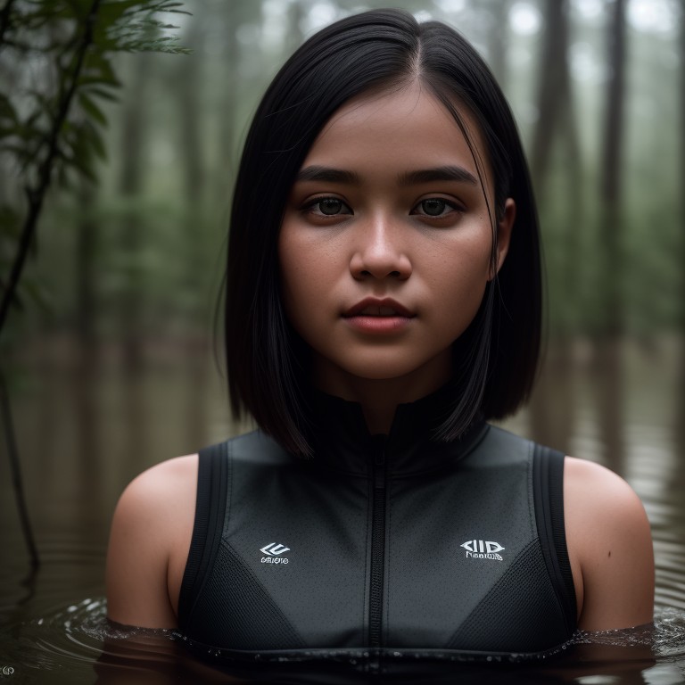 Девушка стоит в болоте, по пояс в воде